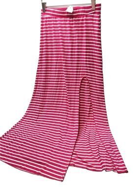 Women's Long Flowy Skirt Pink & White Striped Side Split Maxi Skirt, Medium